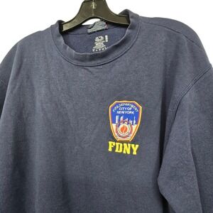 Vintage Y2K FDNY Crewneck Fleece Sweatshirt Mens LG Navy Blue Fire Dept NY
